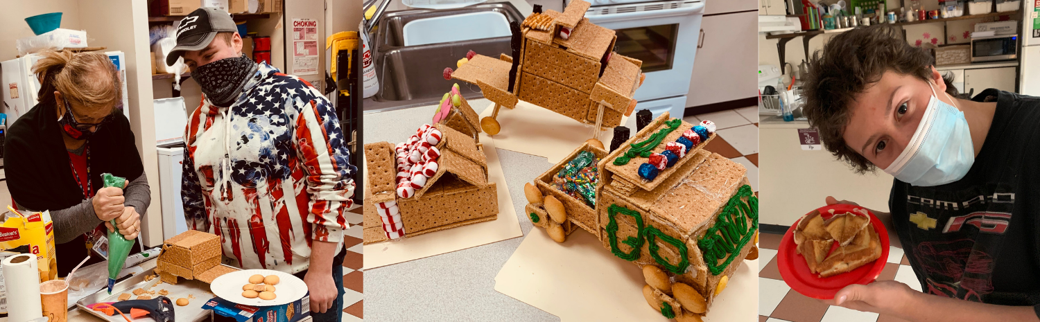 Teacher showing student how to use pastry bag, graham cracker gingerbread creations, student holding grilled cheese sandwich