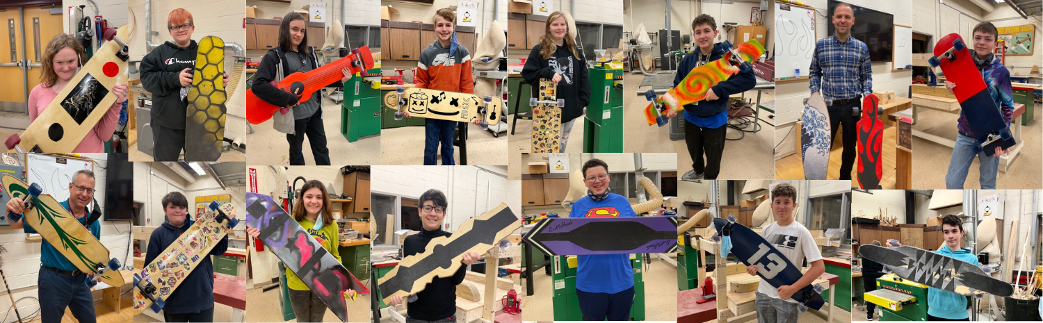 photo collage of students and teachers holding skateboards