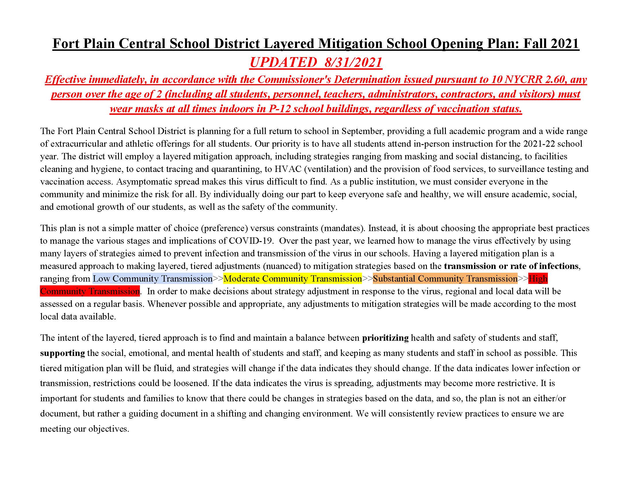 Updated School Reopening & Layered Mitigation Plan is posted Fort