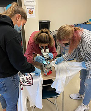 3 students looking at shirts, one through a microscope