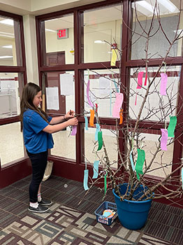 student hanging a wish tag onto the tree