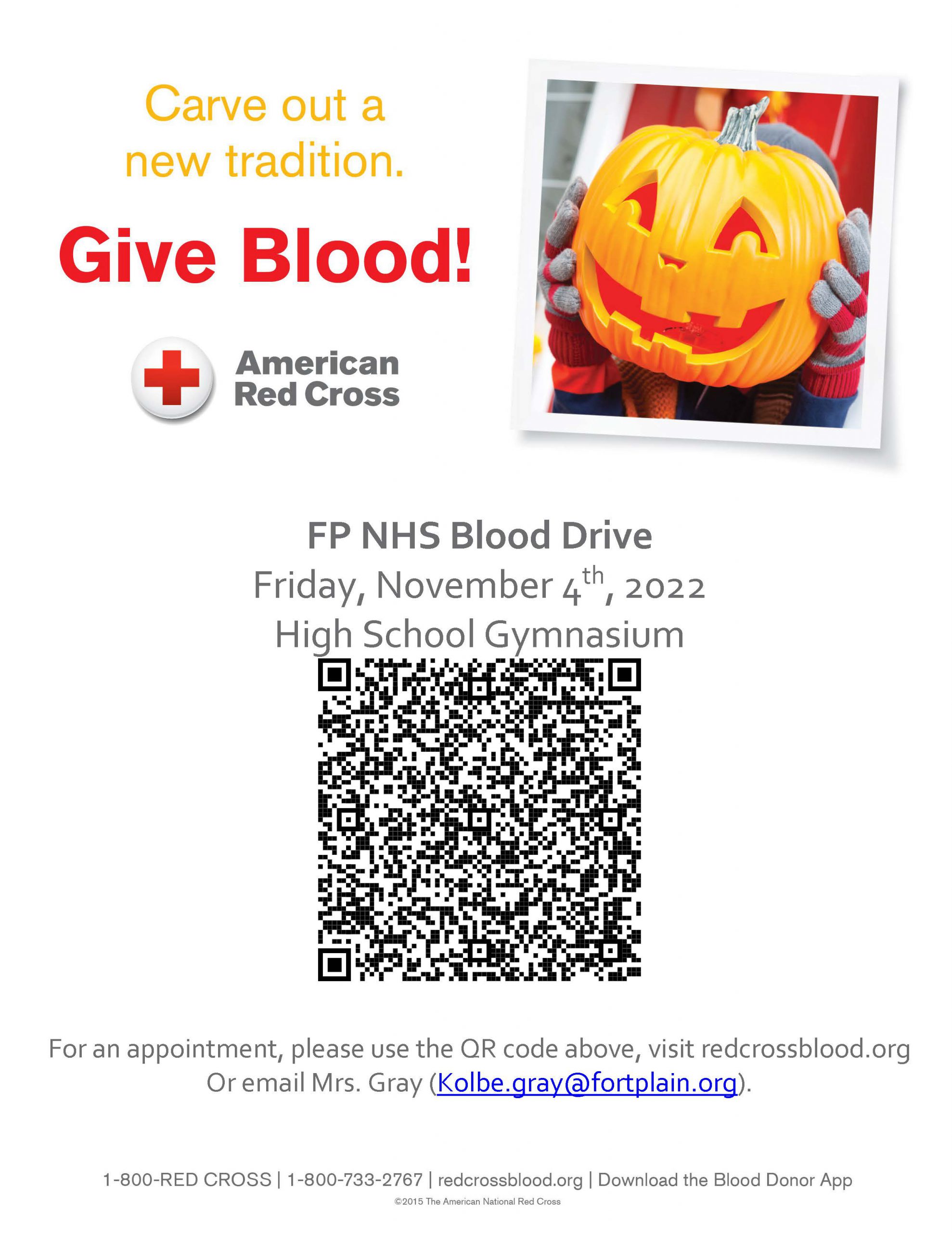 blood drive flier with QR code and information that is in the text above