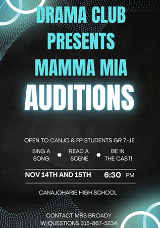 Headline saying Drama Club presents Mamma Mia Auditions, with same information as provided in article