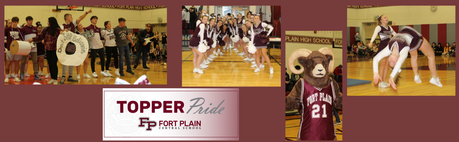 groups of HS students, cheerleaders, person in hilltopper ram costume at pep rally