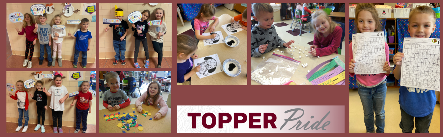 students holding 100th day signs, counting at tables, holding math worksheets