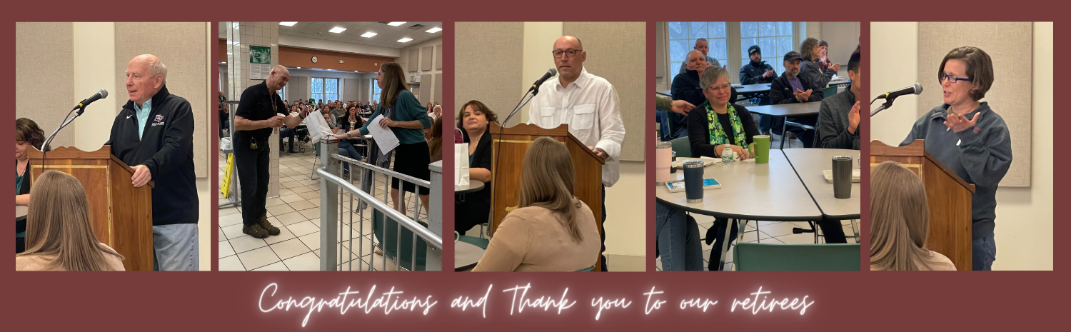 retirees with faculty and staff at the breakfast, standing and at tables