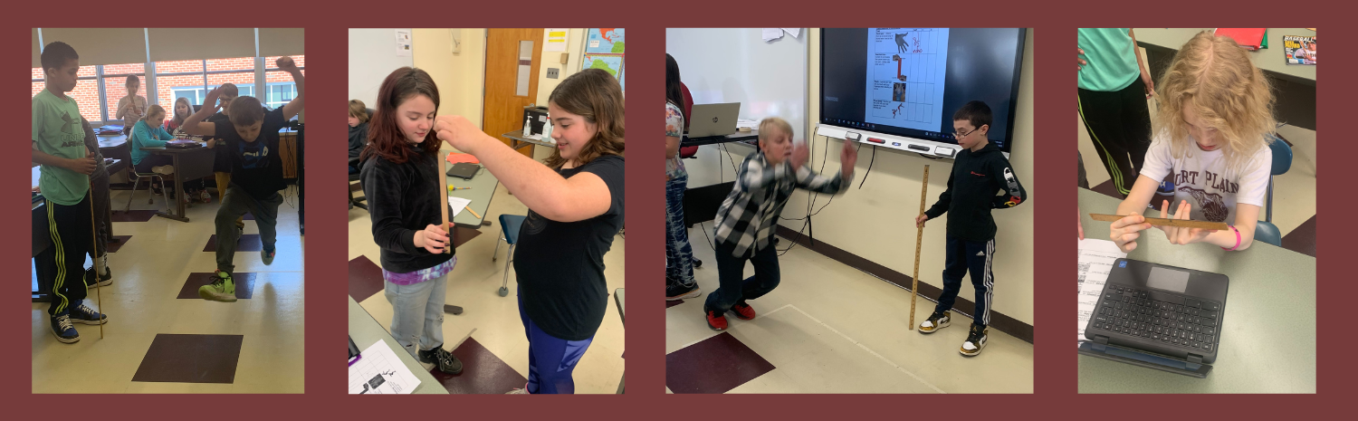 students measuring, jumping forward, working together in classroom