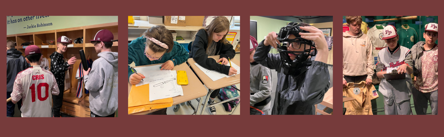 students wearing baseball caps, catcher's mask, working at their desks