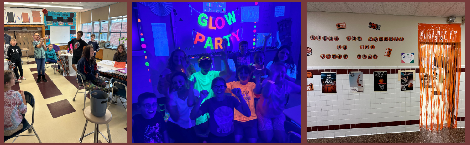students playing trashketball, sitting under a Glow Week sign in a blue-lit room, and a basketball-themed hall and doorway