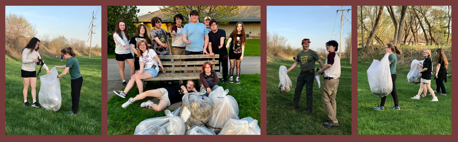 Students cleaning trash, posing behind trash bags, near Bikeway