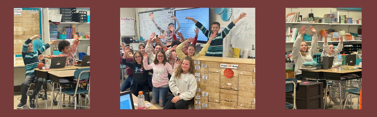 students in classroom, raising their hands