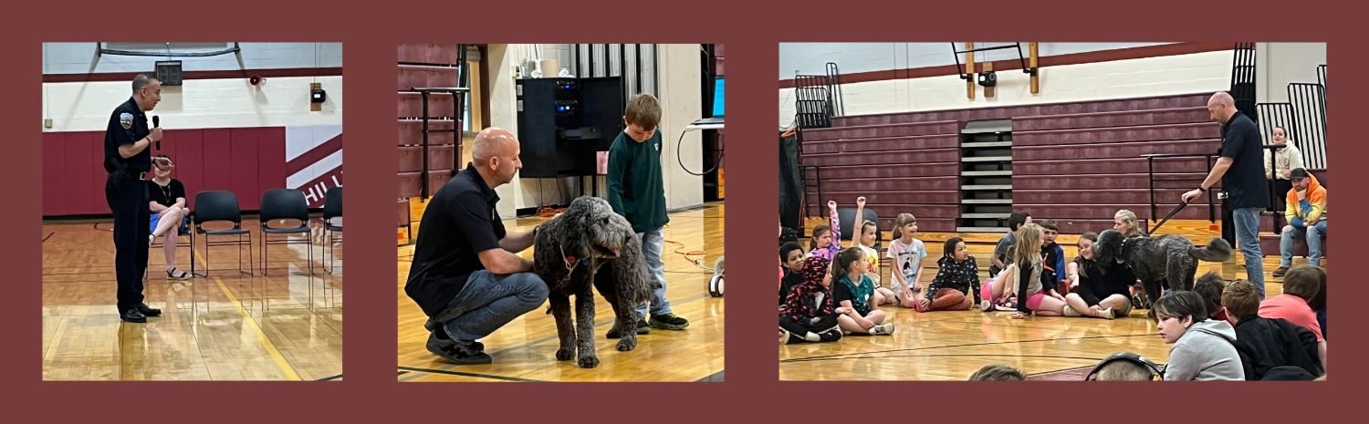 police officer talking to children, police officer with therapy dog and student and with a group of students