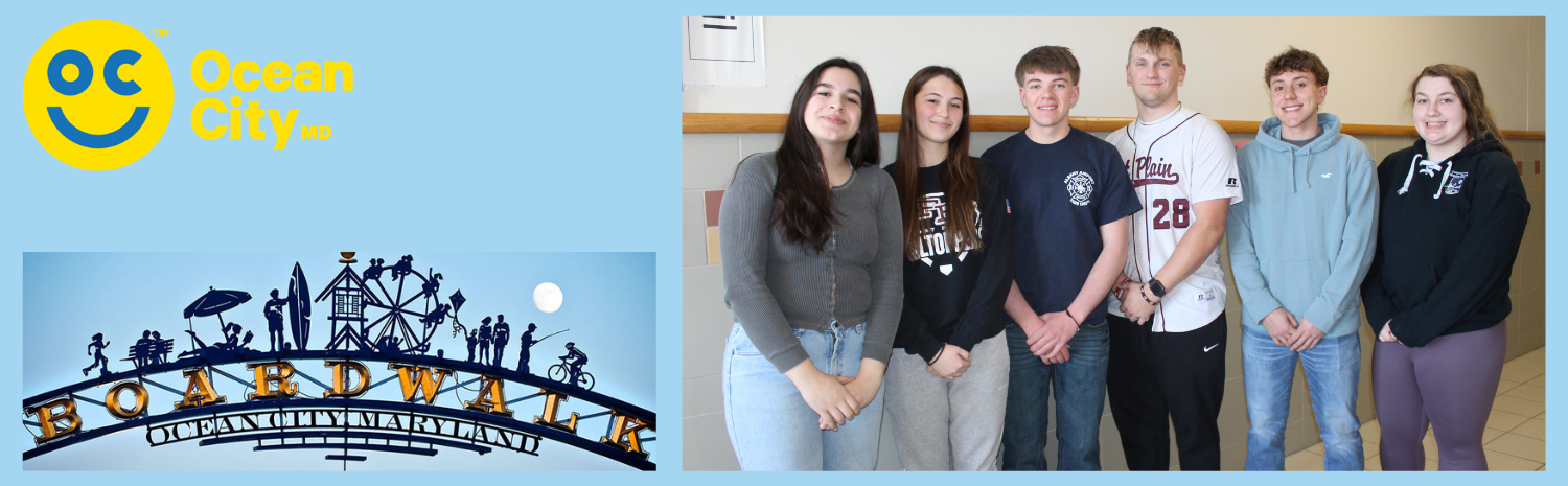 images of Ocean City logo, boardwalk and 2023 class officers and reps standing in a group