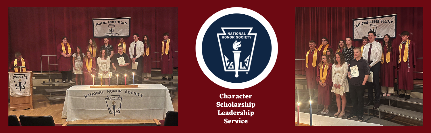 student at podium and students standing in group on stage, National Honor Society logo, words character, scholarship, leadership, service