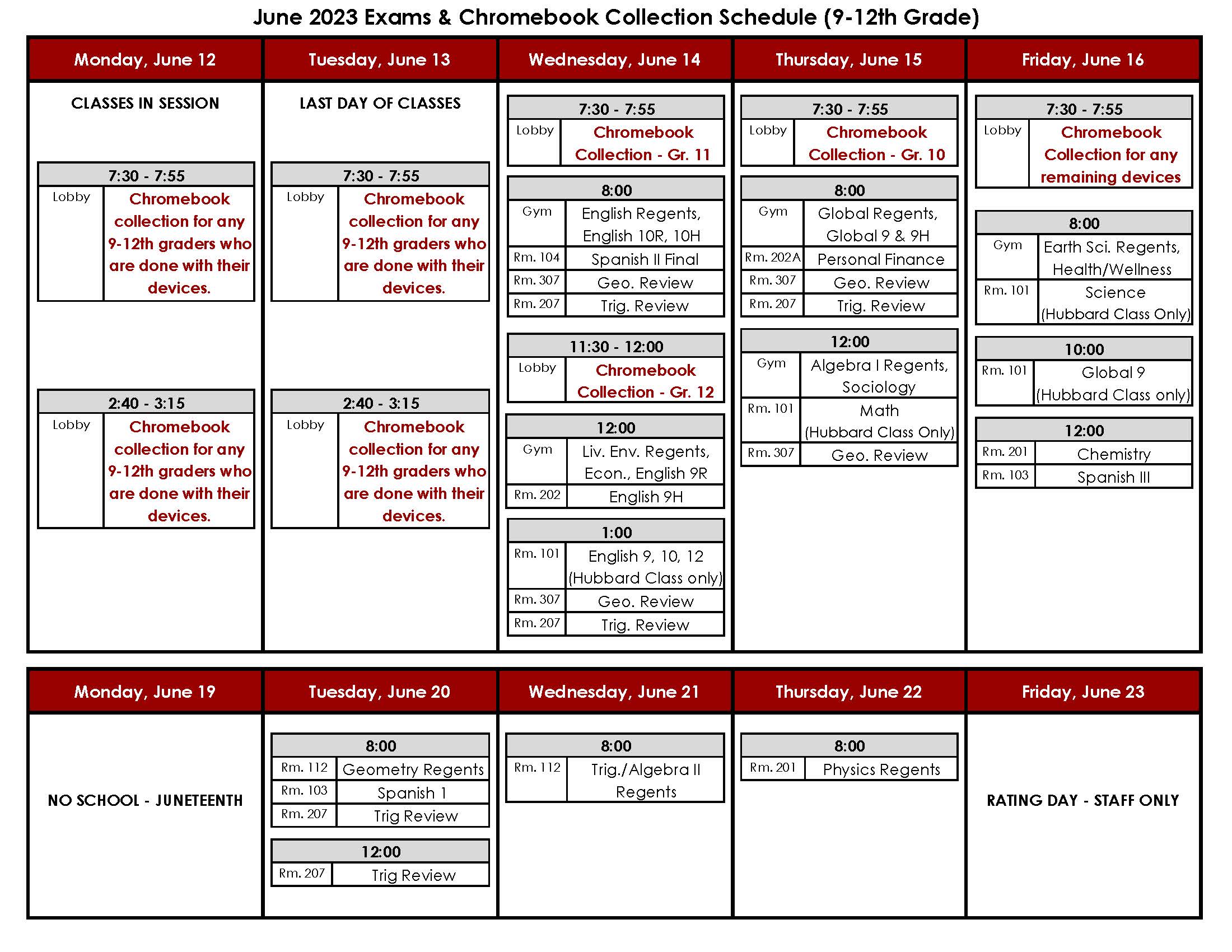 Chart showing June 2023 Exams & Chromebook Collection Schedule (9-12th Grade)