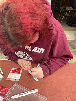 student writing plant name on a white marker stick