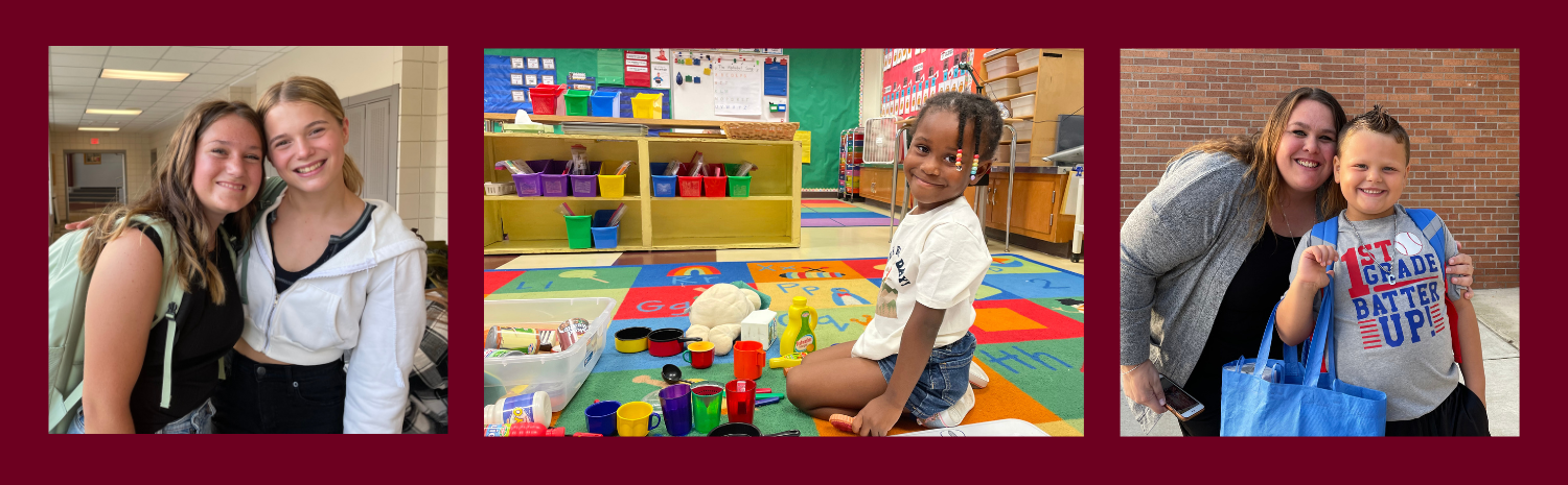 A slide with a dark red background featuring three photos for young and teenage students. All appear in school settings and are looking at and smiling for the camera.