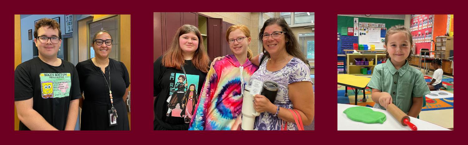 A slide with a dark red background featuring three photos of young and teenage students and teachers. All are looking at and smiling for the camera.