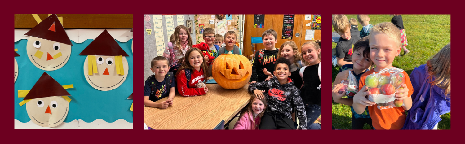 A slide with a dark red background featuring three photos of young students taking part in fall activities. All are looking at and smiling for the camera.