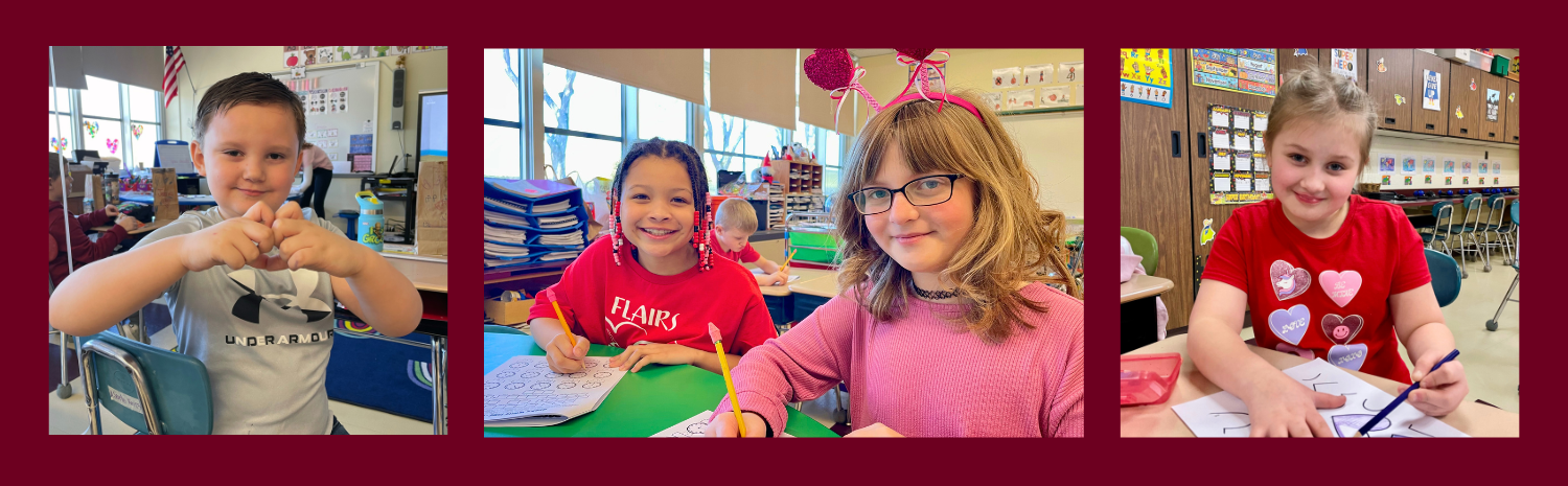 An image with a dark red background and array of three photos in a row of young children in Valentine's Day red and pink learning in Fort Plain classrooms.