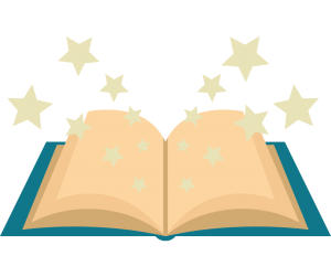 A graphical image featuring an open book with a blue cover and beige pages. A spray of stars floats above the open pages. 