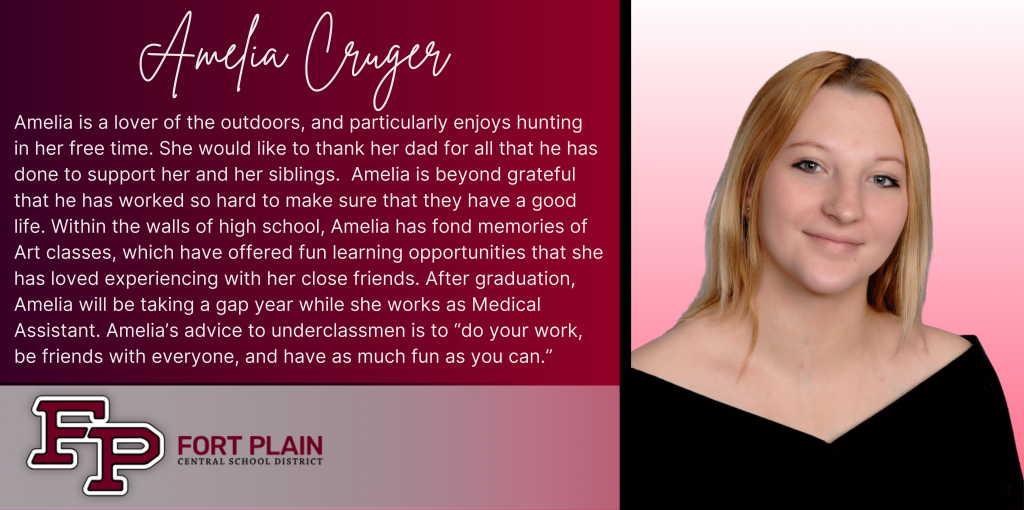 A graphical image featuring a title and text about senior Amelia Cruger. Amelia's senior class photo is featured at the right. The school district logo is featured in the lower left. The background of the image is dark red. 