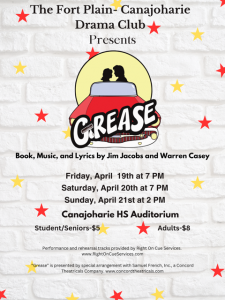 A poster for the Fort Plain-Canajoharie spring musical, featuring a stylized 1950s car with a silouette of a couple. The poster features the phrase: Grease. Book, music and lyrics by Jim Jacobs and Warren Casey. Friday, April 19th at 7 p.m., Saturday, April 20th at 7 p.m. and Sunday, April 21st at 2 p.m. Canajoharie HS Auditorium. Students/Seniors $5, Adults $8. 