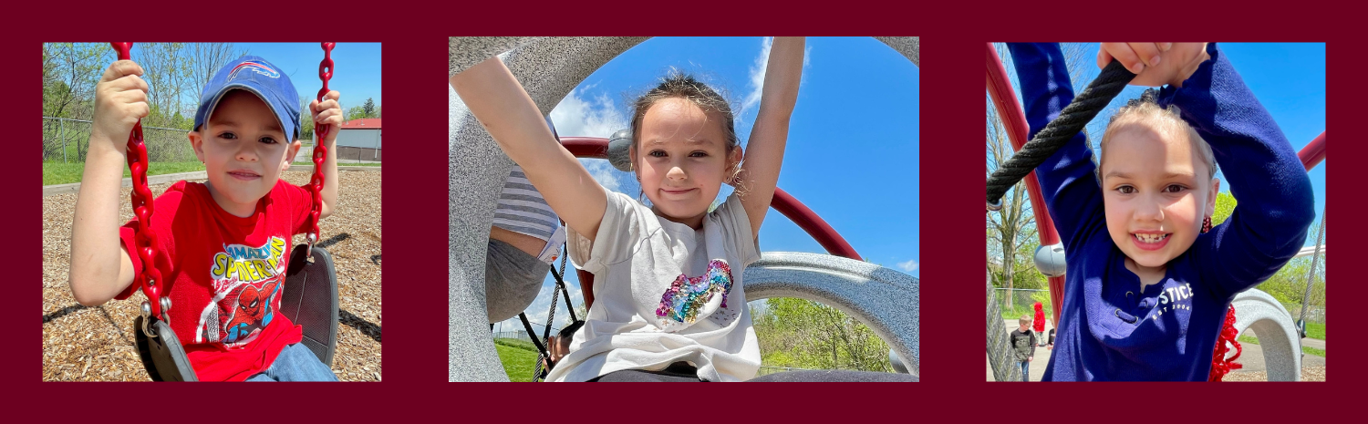 A slide with a dark red background featuring three photos of young students playing on the elementary school playground equipment on a bright and sunny day.