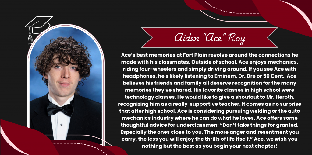 A graphical image featuring a name title and text about senior Aiden "Ace" Roy. Ace's senior class photo is featured at the left. The background and graphical elements are black and dark red.