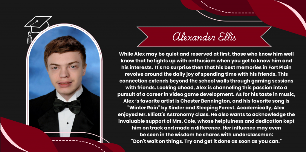 A graphical image featuring a name title and text about senior Alexander Ellis. Alex's senior class photo is featured at the left. The background and graphical elements are black and dark red.