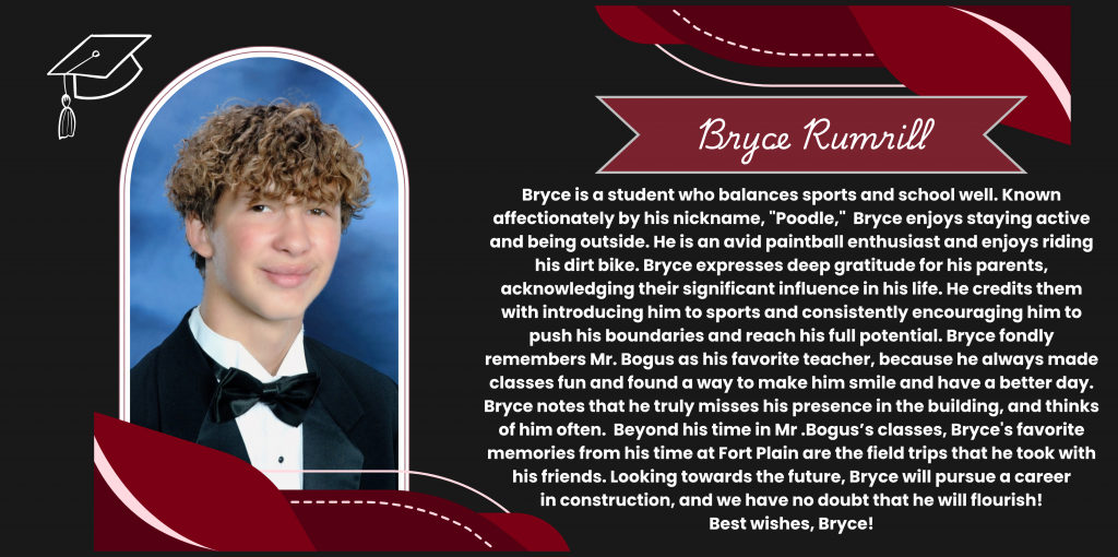 A graphical image featuring a name title and text about senior Bryce Rumrill. Bryce's senior class photo is featured at the left. The background and graphical elements are black and dark red.