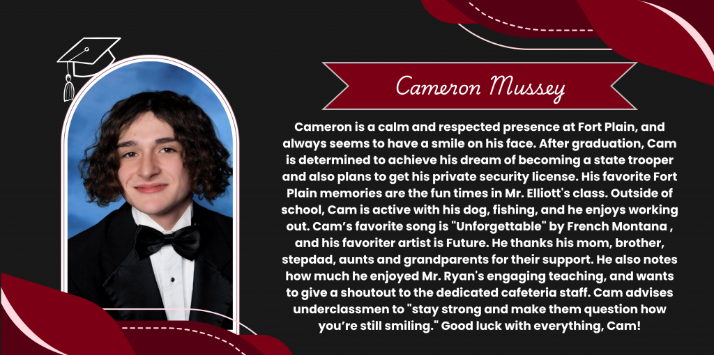 A graphical image featuring a name title and text about senior Cameron Mussey. Cameron's senior class photo is featured at the left. The background and graphical elements are black and dark red.