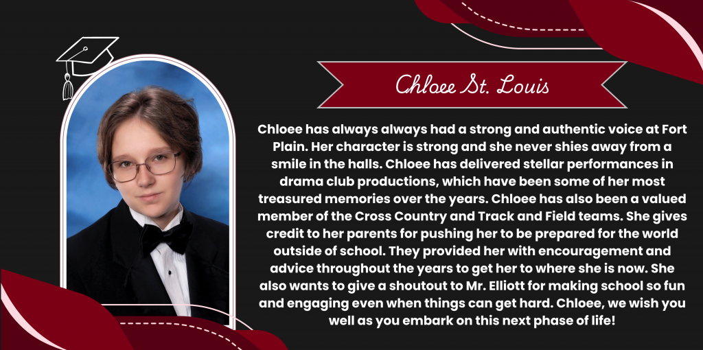 A graphical image featuring a name title and text about senior Chloee St. Louis. Chloee's senior class photo is featured at the left. The background and graphical elements are black and dark red.