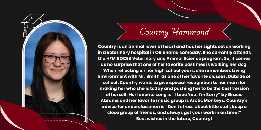 A graphical image featuring a name title and text about senior Country Hammond. Country's senior class photo is featured at the left. The background and graphical elements are black and dark red.