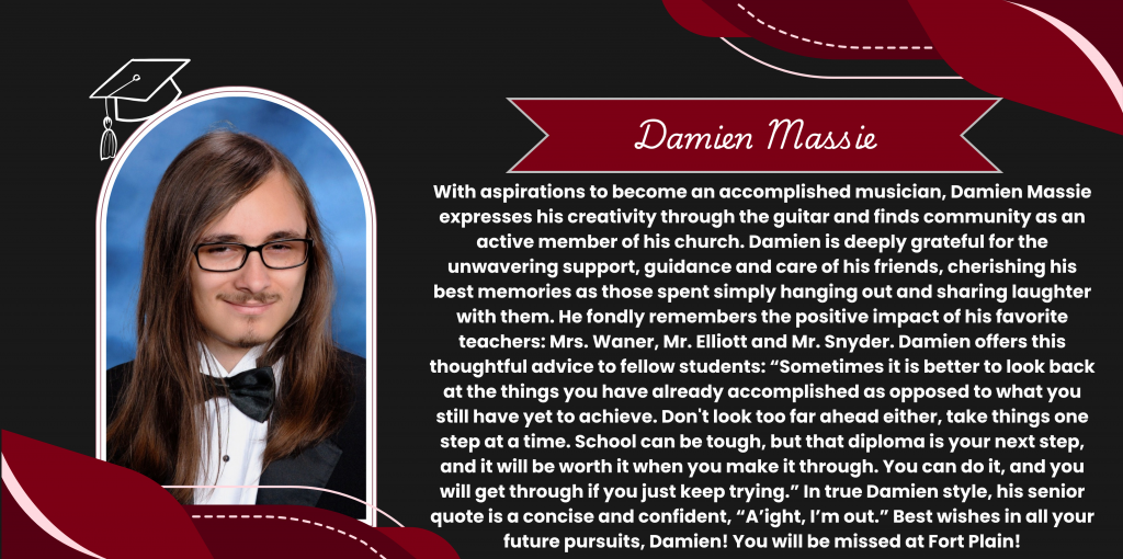A graphical image featuring a name title and text about senior Damien Massie. Damien's senior class photo is featured at he left. The background and graphical elements are black and dark red.