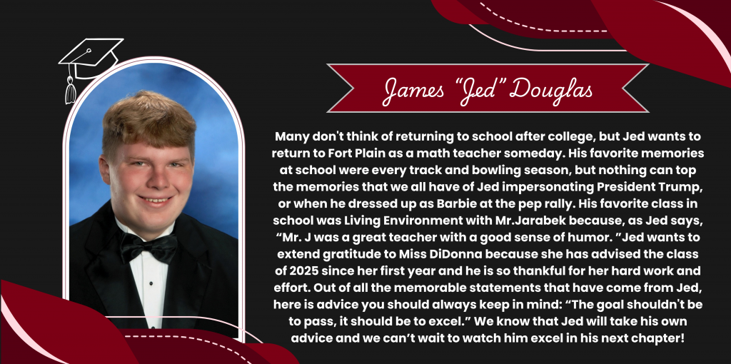 A graphical image featuring a name title and text about senior James Douglas. Jed's senior class photo is featured at the left. The background and graphical elements are black and dark red.