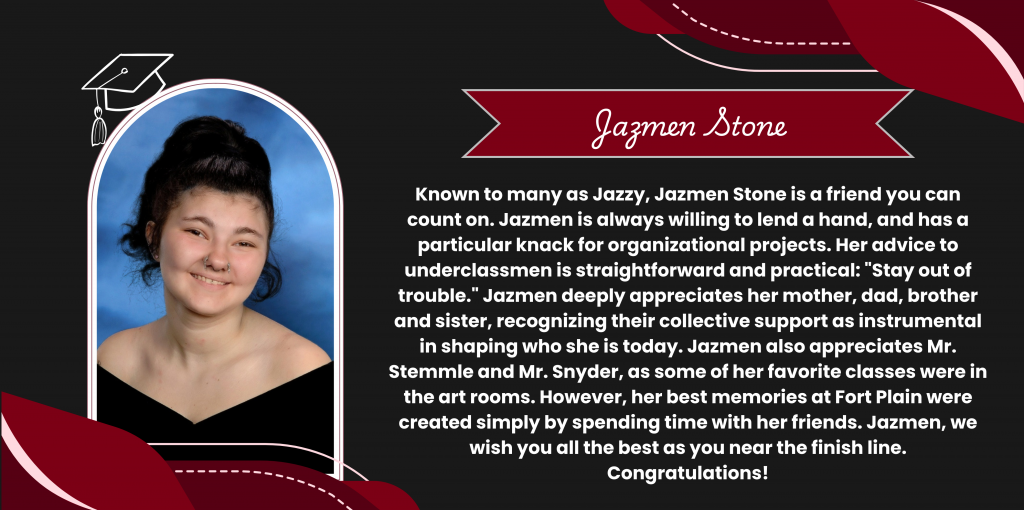 A graphical image featuring a name title and text about senior Jazmen Stone. Jazmen's senior class photo is featured at the left. The background and graphical elements are black and dark red.