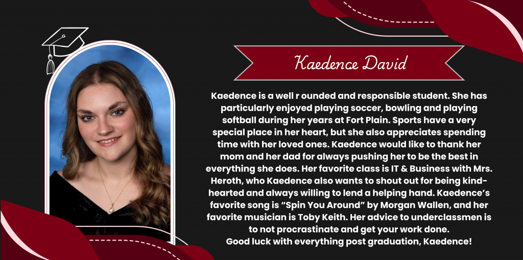A graphical image featuring a name title and text about senior Kaedence David. Kaedence's senior class photo is featured at the left. The background and graphical elements are black and dark red.
