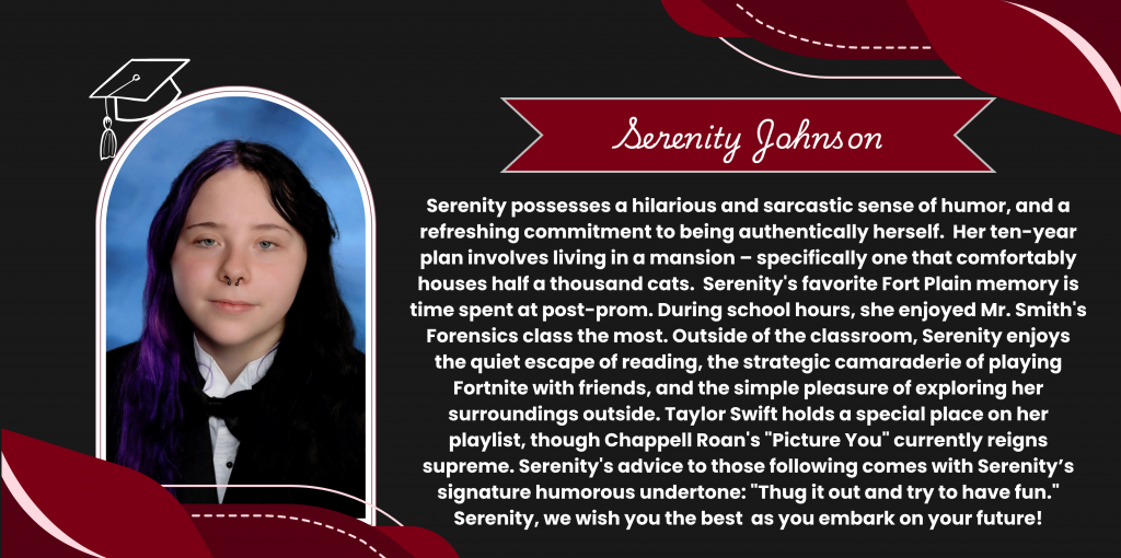 A graphical image featuring a name title and text about senior Serenity Johnson. Serenity's senior class photo is featured at the left. The background and graphical elements are black and dark red.