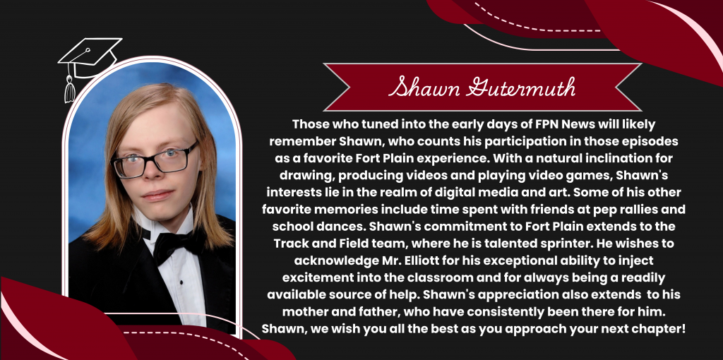 A graphical image featuring a name title and text about senior Shawn Gutermuth. Shawn's senior class photo is featured at the left. The background and graphical elements are black and dark red.