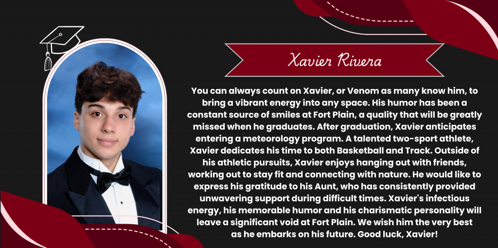 A graphical image featuring a name title and text about senior Xavier Rivera. Xavier's senior class photo is featured at the left. The background and graphical elements are black and dark red.