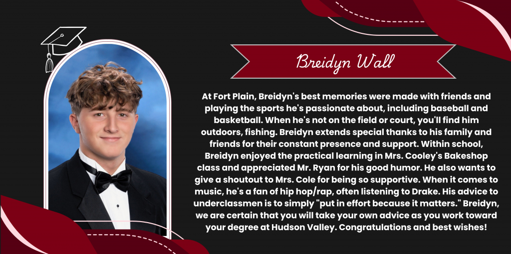 A graphical image featuring a name title and text about senior Breidyn Wall. Breidyn's senior class photo is featured at the left. The background and graphical elements are black and dark red.