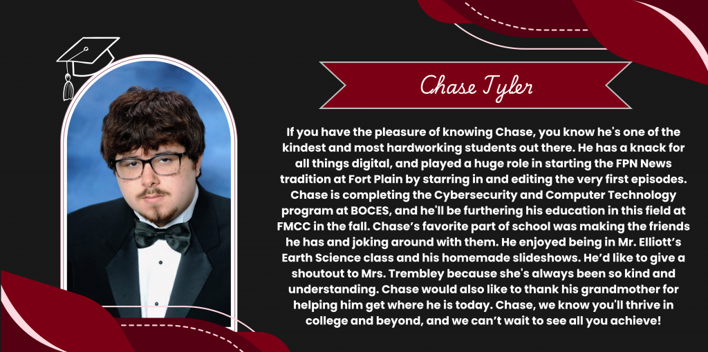 A graphical image featuring a name title and text about senior Chase Tyler. Chase's senior class photo is featured at the left. The background and graphical elements are black and dark red.