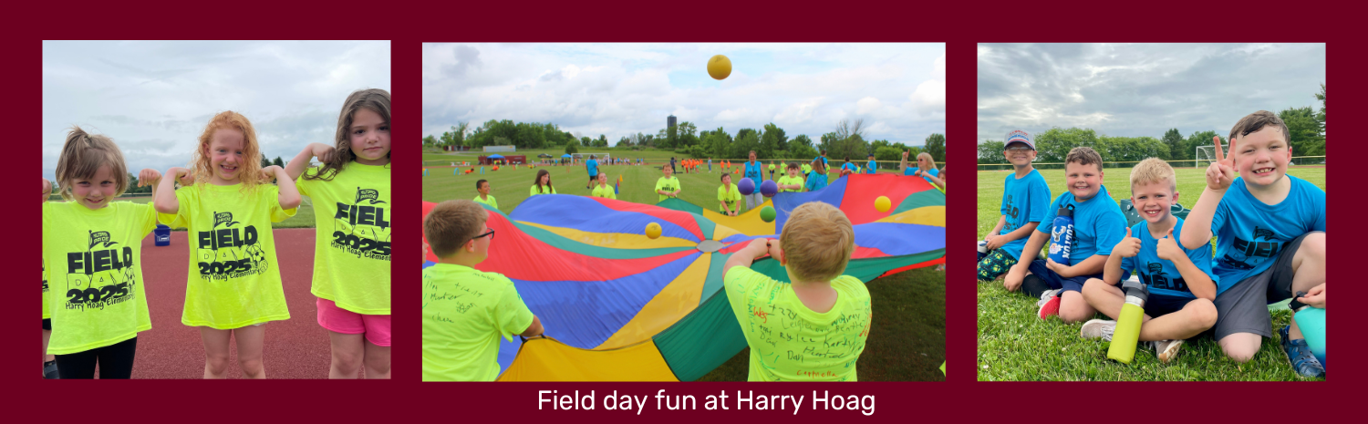 Three photos of groups of smiling students in bright florescent colored t-shirts with the words Field Day 2025 are displayed on a dark red background.