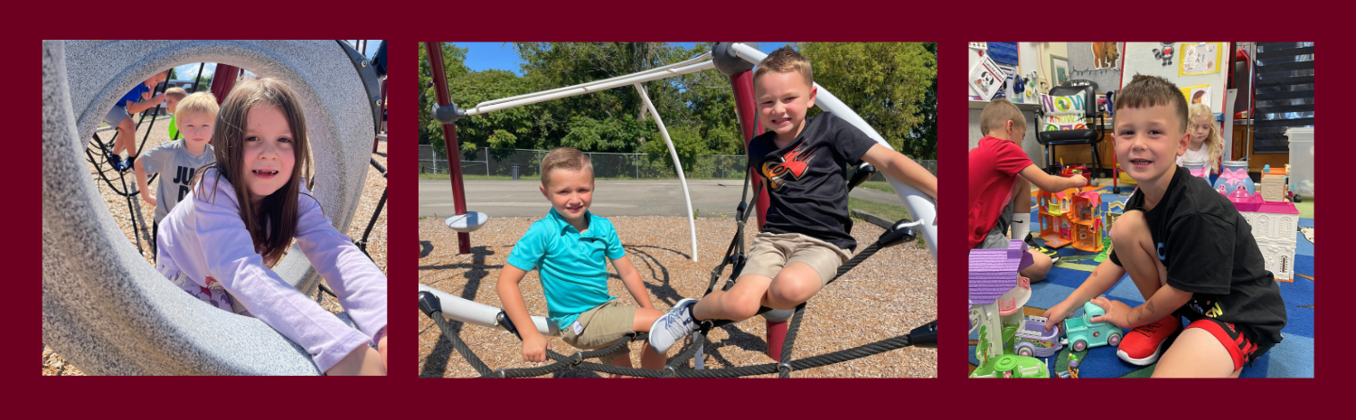 A slide with a dark red background featuring young students playing on the elementary school playground and in the classrooms at Fort Plain CSD. The students are looking at and smiling for the camera.