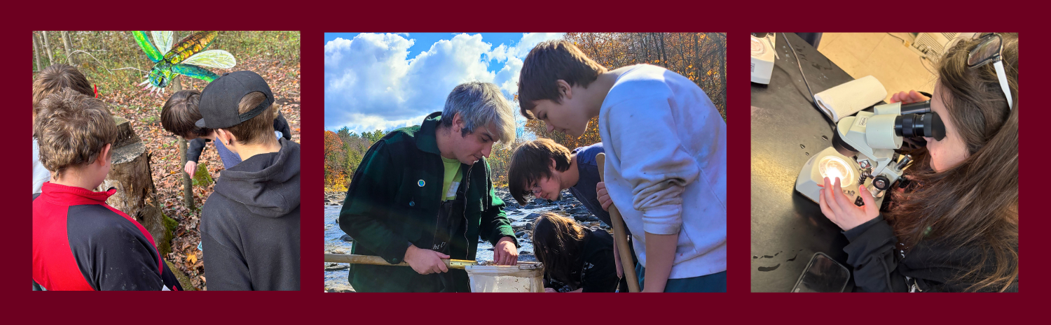 A slide with a dark red background featuring three photos of high school students in the field, sampling and analyzing water from the Schoharie River.