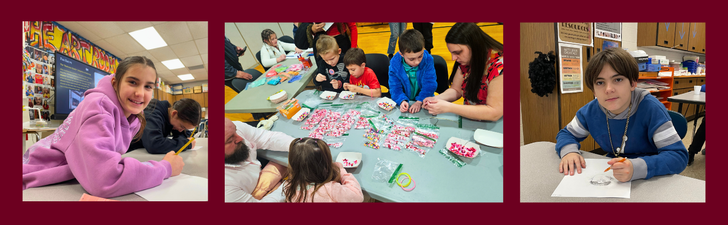 Elementary age students and adults work on creative art projects at Harry Hoag Elementary School