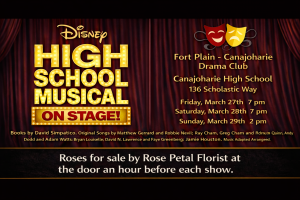A graphical image featuring dark brown curtains in the background and the phrase: Disney High School Musical On Stage! Fort Plain-Canajoharie Drama Club, Canajoharie High School, 136 Scholastic Way, Friday, March 27th, 7 p.m., Saturday, March 28th, 7 p.m. , Sunday, March 29th, 2 p.m. Roses for sale by Rose Petal Florist at the door an hour before each show. 