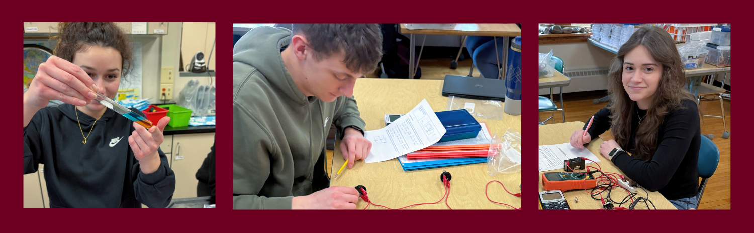 Three photos of high school age students who are seated at classroom desks while working on science experiments are displayed side by side on a dark red background. The students at left and right are smiling for the camera.