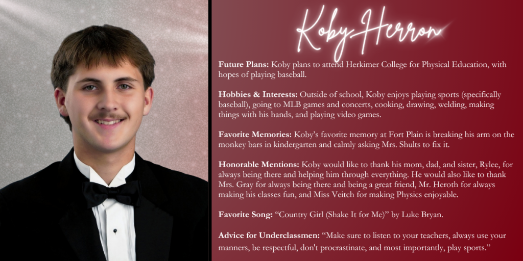 A graphical image with a dark red background featuring a formal photo at left of Class of 2026 senior Koby Herron and their senior write up at right.